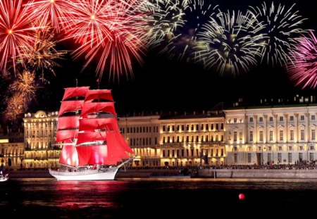 Red sail - sea, night, buildings, sail, red, lights, sailboat, fireworks, sky