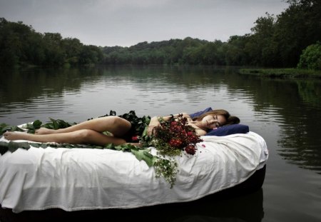 Lady in the lake - lake, flowers, photography, lying, abstract, bed