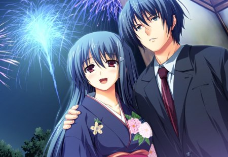 Moe Kanzaki - anime, anime girl, blue, moe kanzaki, kimono, akatsuki no goei, fireworks