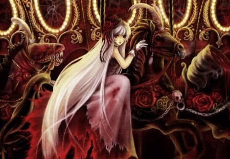 Carousel - bones, death, girl, horse, pink, red, anime, manga carousel, skulls