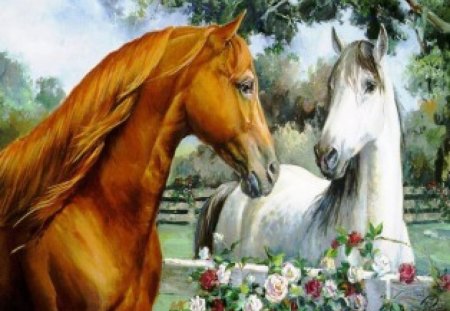 Love Hores - outside, animals, meadow, painting, horses, nature, horse, artwork, flowers