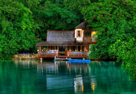 Lake hotel - summer, cabin, forest, reflection, leaves, mounbtain, shore, lake, hotel, nice, house, greenery, beautiful, mirrored, lovely, lakeshore, river, nature, green