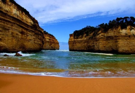 Sea rocks - nice, sands, ocean, beach, sky, summer, shore, lovely, rocks, waves, nature, clouds, beautiful, waters, sea