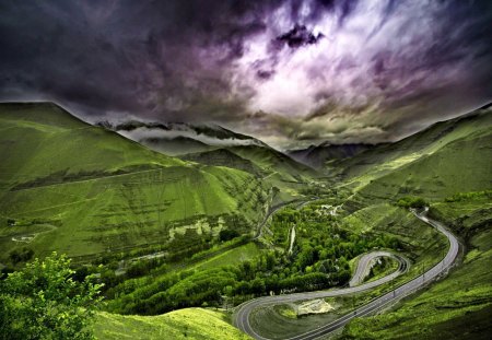 Meandering road - nice, valley, sky, meandering, trees, greenery, plane, path, road, view, clouds, green, grass, landscape, summer, lovely, nature, beautiful