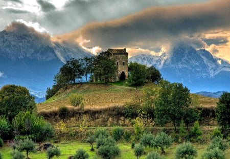 House on the hill - hills, summer, cabin, grass, mountain, nice, sky, castle, clouds, house, greenery, trees, beautiful, slope, cottahe, lovely, peaks, nature, green