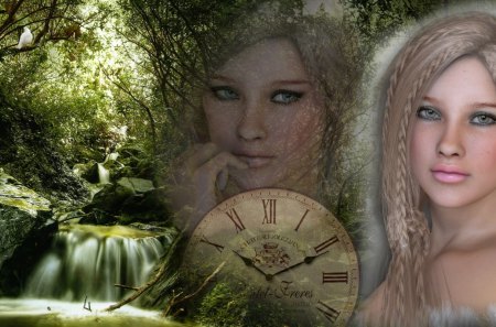 Forest Nymph - waterfalls, mystical, collage, clock, green eyes, forest, hypnotic, art, woods, abstract, trees, beautiful, girl, green, time, woman, foliage