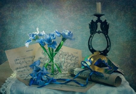 Blue melody - blue, candle, lamp, petals, still life, flowers, melody, mask, ribbon, song, notes