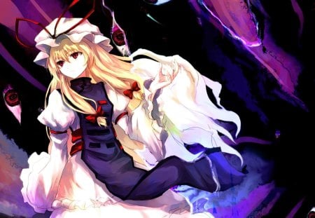 Yakumo Yukari - hat, anime, anime girl, dress, blonde hair, long hair, red eyes, touhou, shadows, yakumo yukari, laces