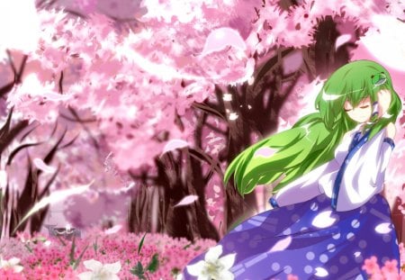 Kochiya Sanae - anime, anime girl, cherry blossoms, green hair, long hair, kochiya sanae, closed eyes, touhou, hair ornament