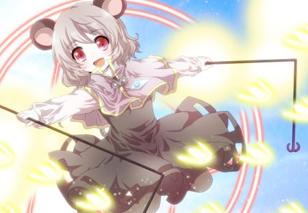 Nazrin - touhou, short hair, anime, grey hair, anime girl, dress, red eyes, sky, animal ears, nazrin