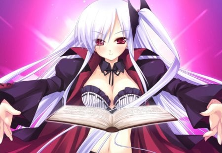 Hikari Akechi / Mephisto - mephisto, girl, long hair, akechi hikari, book, red eyes, game cg, hikari akechi, anime, hyper highspeed genius, white hair