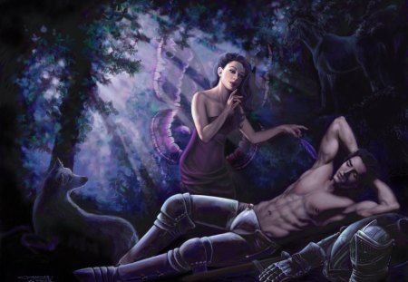 Fairy and Warrior - fantasy, warrior, sleep, fairy, forest, sleeping, man