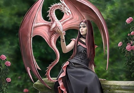 Noble Lady with pet Dragon - pretty, female, dragon, woman, garden, wings, pink