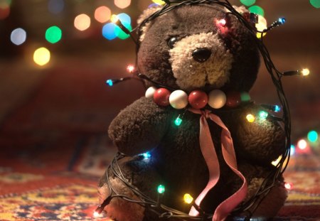 ♥Pretty guest this Christmas♥ - waiting, yellow, blue, brown, garland, pink, santa claus, teddy bear, winter, forever, love, orange, christmas, colorful, nature, lights, green