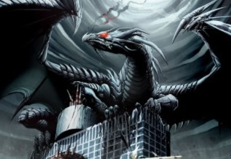 New York VS the Black Dragon - large, black, modern fatasy, fantasy, dragon, city, building