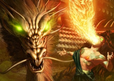 Asian Dragon Master - oriental, tattoos, dragon, fire, golden, man, asian