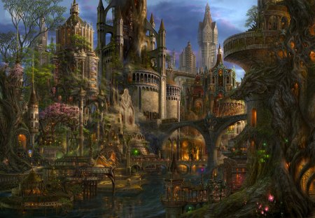 Medieval City on Hill - fantasy, town, detailed, city, castle, medieval, bridge