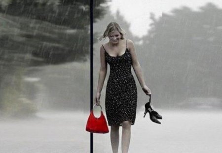 I love barefoot in the rain - street, handbag, smile, rain, girl