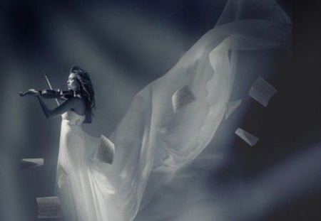 Adagio - white, violin, fairy, long, notes, hair