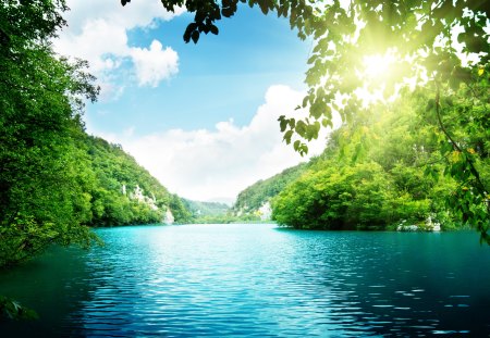 Morning on the lake - clouds, sunlight, dense forest, trees, blue, landscape, sea, beautiful nature, white, green, lake, sky, deep forest