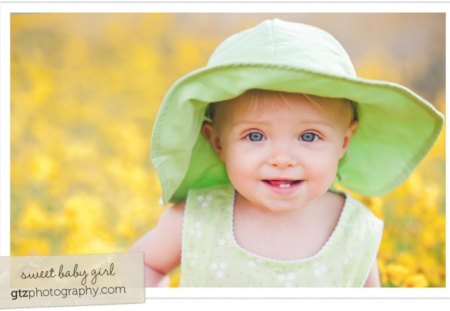 Pretty green two teeth - fields, hat, girl, two teeth, summer, lovely, nature, yellow, baby, green, sweet, smile, flowers, blonde