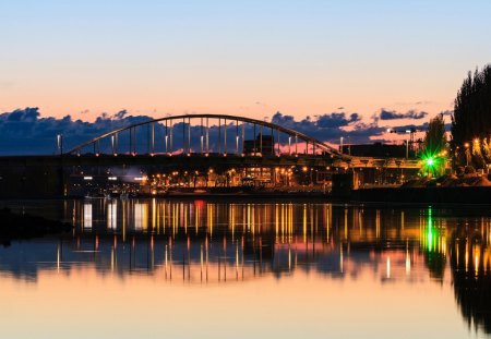 Reflection - beauty, sky, peaceful, water, colorful, sunset, view, lanterns, reflection, lantern, city lights, clouds, architecture, bridge, lake, light, lovely, nature, beautiful, splendor, city, colors, sunrise, sea