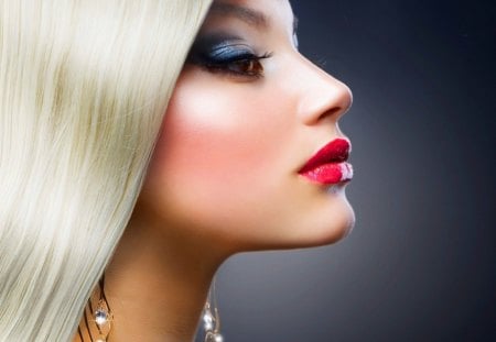 Beauty - make up, beautiful, earrings, girl, eyes, blonde, beauty, red lips, hair, shining, lips, lady, stare, face