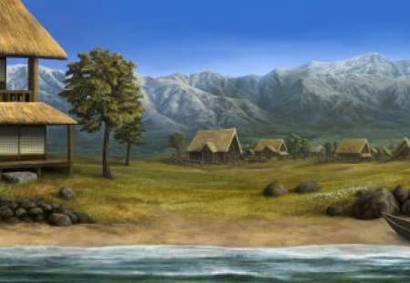 Village landscape painting - village, tree, painting, landscape