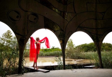 GIRL in RED - red dress, girl, pose, structure