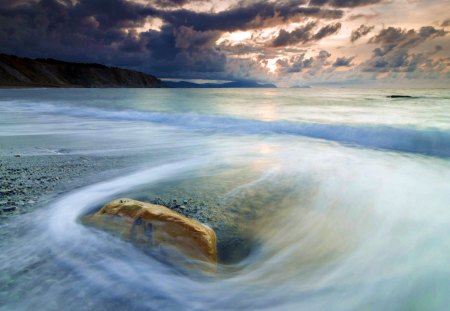 Ocean Waves - beauty, beach, sky, ocean waves, peaceful, sunset, view, clouds, ocean, seascape, lovely, waves, nature, beautiful, splendor, stones, colors, sea