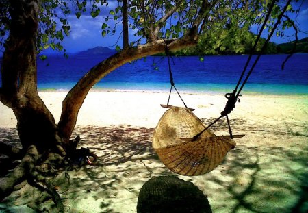 Lazy afternoon - nice, beach, trees, lazy, hammock, afternoon, branches, sands, ocean, mountain, shadows, shore, lovely, exotic, nature, blue, beautiful, waters, sea