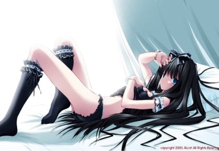 Black hair girl - socks, pillow, girl, hair