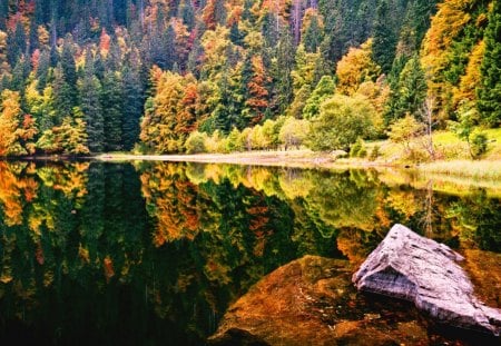 Reflected Autumn - lake, forest, rocks, hills, trees, colors, mirroe