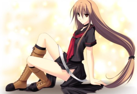 Ookami Ryouko - school uniform, anime, anime girl, ookami ryouko, ookami-san to shichinin no nakama-tachi, long hair, brown hair, red eyes