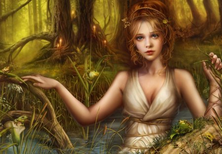 In a Pond - woman, trees, female, water, fantasy, tree, red head, pond, grass