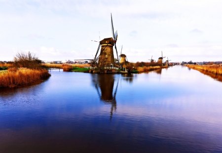 Dutch Windmills - dutch, windmills, water, reflection