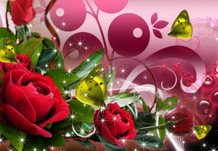 Red Rose Majestic - swirls, summer, beads, spring, bright, butterfly, abstract, fleurs, leaves, flowers, red roses, papillon