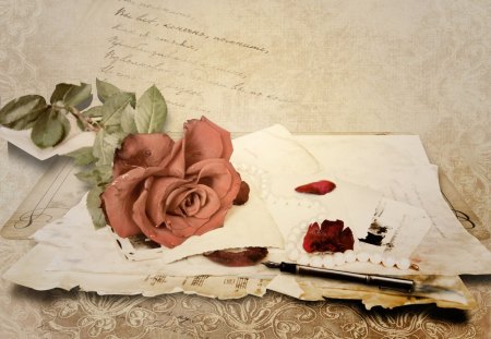 Vinatge - letter, vintage, paper, pen, rose