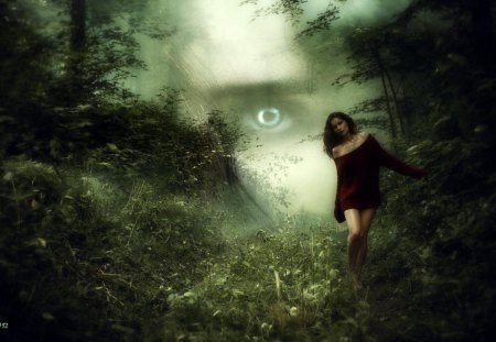 She is chased in the forest - wood, woman, art, girl, forest, fantasy