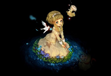 SWEET ANIME GIRL - a smile, girl, a reflection, a doll, water, elisabeth von wettin, flowers, bird