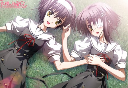 Chihiro and Kei - shindou kei, short hair, anime, ef a tale of memories, purple hair, school uniform, shindou chihiro, eyepatch, anime girls, yellow eyes