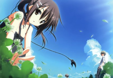 Subarashiki Hibi - mamiya takuji, brown eyes, anime girl, subarashiki hibi, dress, brown hair, long hair, flowers, minakami yuki, mamiya hasaki, sky