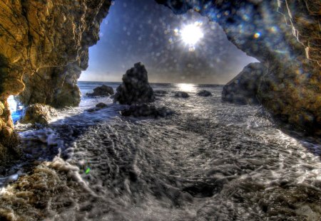 LIGHTED SHORE - sun, light, rock, shore, rocky