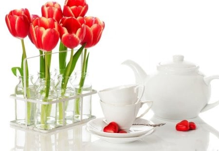 TEA FOR TWO - cups, teapots, sweets, tea, petals, flowers, chocolates, tulips, white, hearts, glass