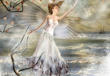 Water Angel - fantasy, white, angel, water