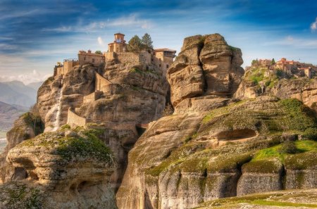 Meteora - Twin Monasteries (Greece) - twin, sky, monasteries, blue, mountains, greece, meteora