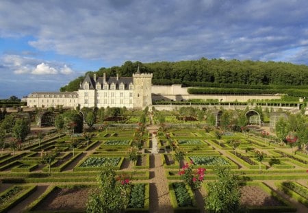 garden at chateau de villandry - garden, forest, clouds, flowers, chateau