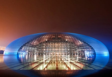 chinese grand theater - city, theater, glass, blue