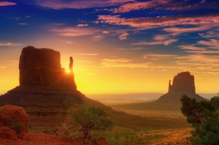 superior desert sunset - desert, sunset, monuments, trees