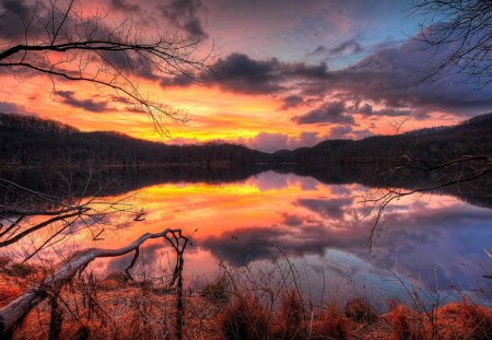 glorious sunset reflection on a lake hdr - clouds, sunset, lake, reflection, limbs